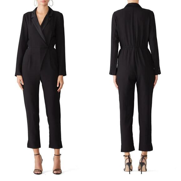 Greylin Reagan Tuxedo Jumpsuit Long Sleeve Satin Notch Collar Black Size XS - Picture 1 of 13